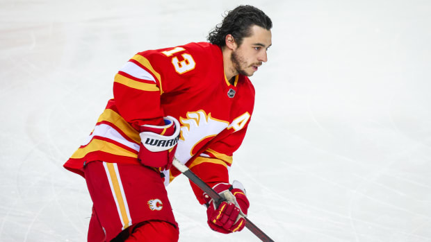 Johnny Gaudreau during warmups